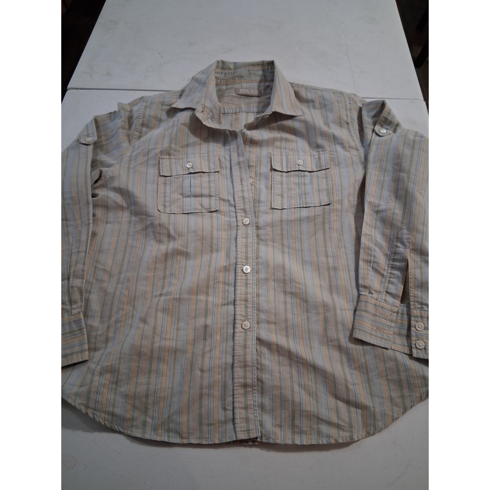 Kate Hill Women Blue Orange Striped Button Down Roll Tab Sleeve Shirt 14W